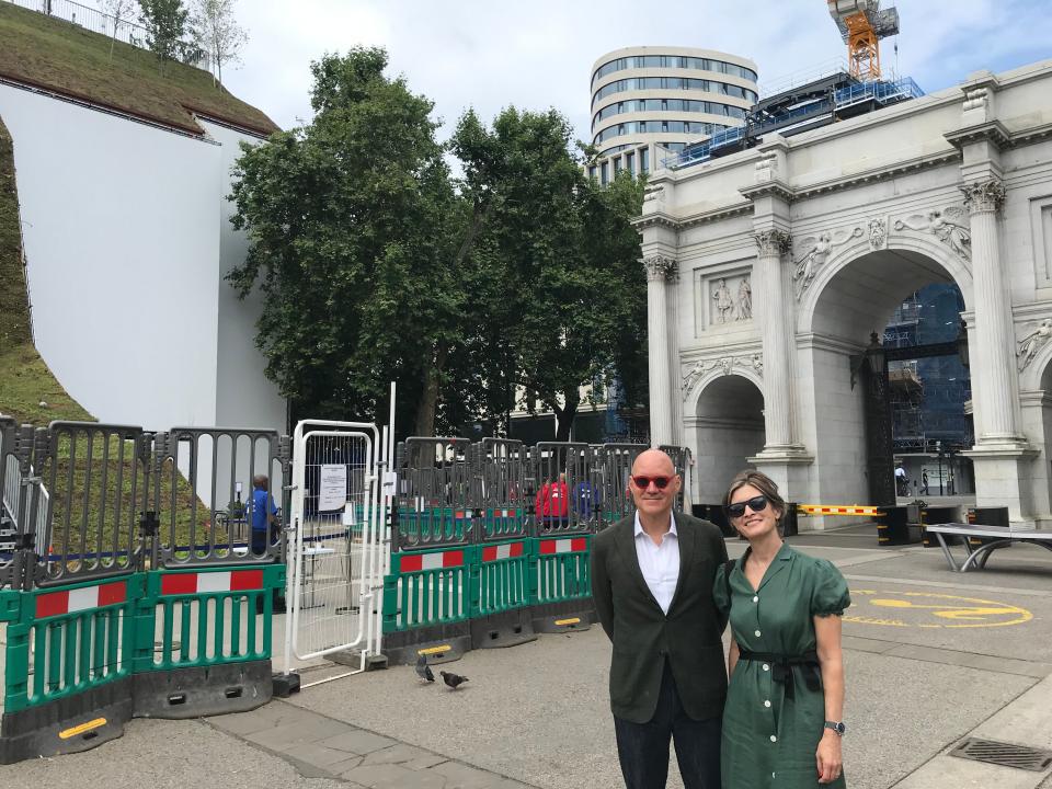 Chris Choa and Sarah Elson stand close to Marble Arch and its neighbouring mound (Rory Sullivan)