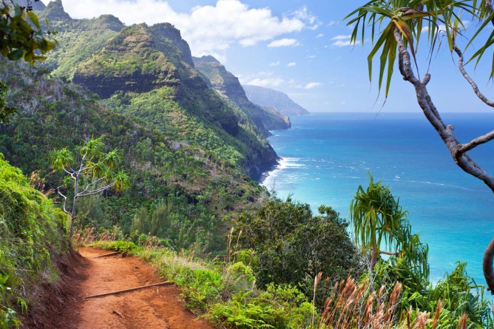 View along the Na Pali Coast from the Kalalau Trail in Kauai, Hawaii.