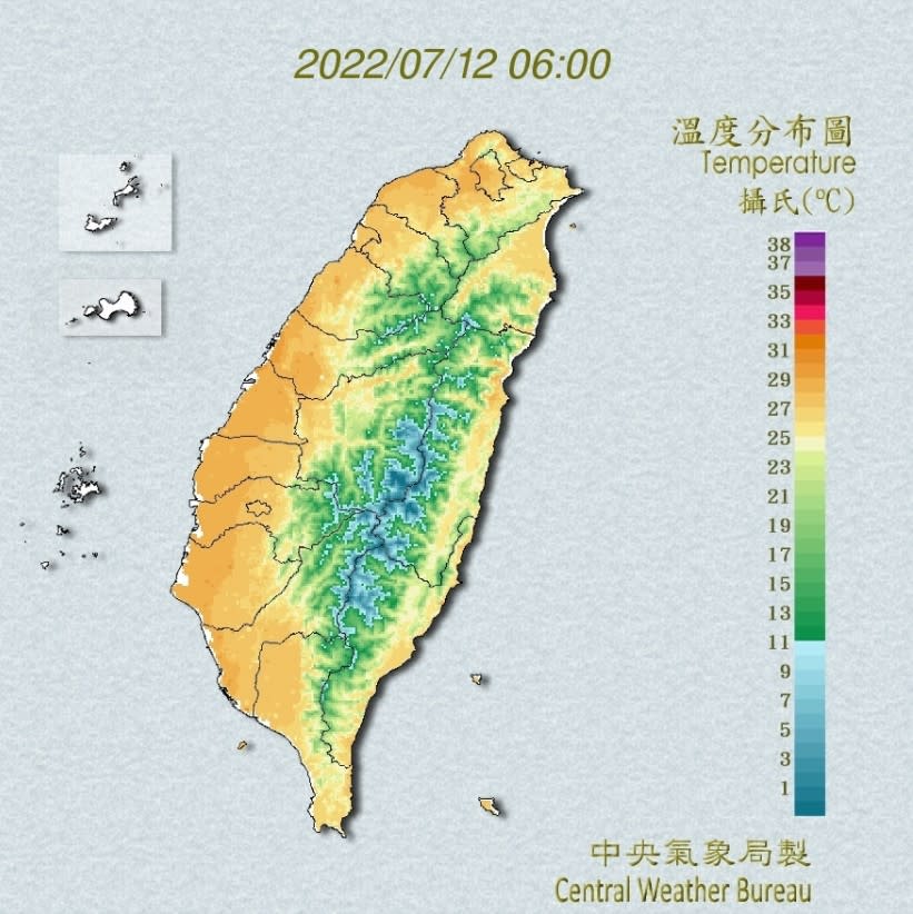 東半部氣溫偏高，其中花蓮縣氣溫恐飆破38度。（圖／翻攝自中央氣象局）