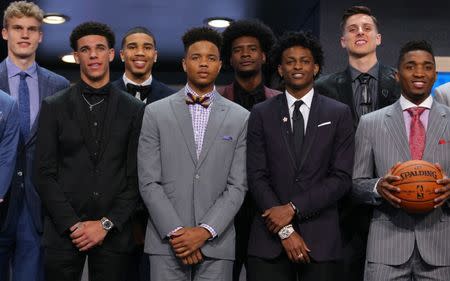 Jun 22, 2017; Brooklyn, NY, USA; NBA draft prospects including Lonzo Ball (front left) , Markelle Fultz (front middle) and De'Aaron Fox (front second right) before the first round of the 2017 NBA Draft at Barclays Center. Mandatory Credit: Brad Penner-USA TODAY Sports