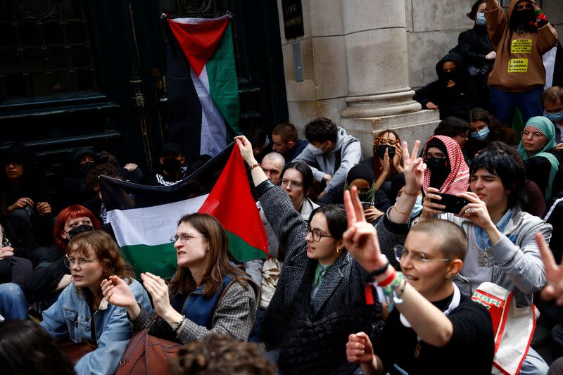 Students of the Sorbonne University gather to protest over Gaza war in Paris