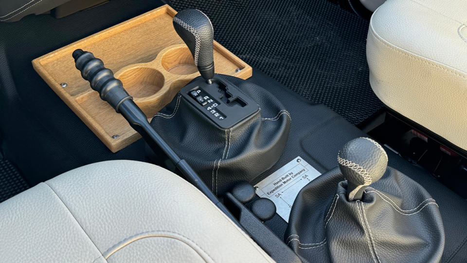 A close-up of the automatic-transmission gear lever in a 1991 Mercedes-Benz 250GD restomod from Expedition Motor Company. 