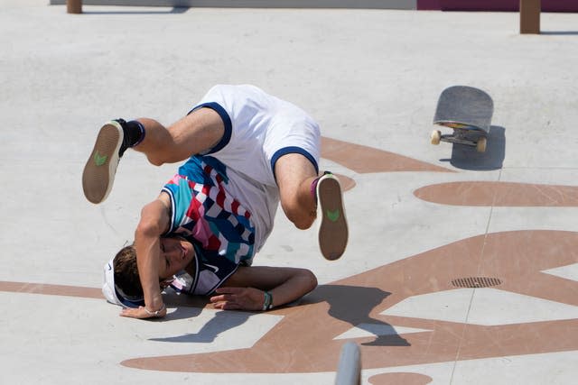 Jagger Eaton of the United States takes a tumble during the men’s street skateboarding final in Tokyo