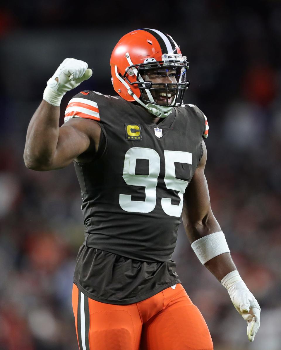 Browns defensive end Myles Garrett celebrates after a defensive stop during the second half against the Steelers, Thursday, Sept. 22, 2022, in Cleveland.