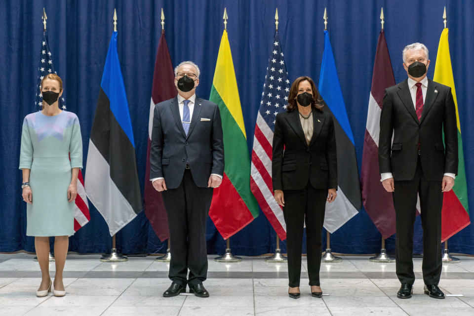 From left, Estonia's Prime Minister Kaja Kallas, Latvian President Egils Levits, Vice President Kamala Harris, and Lithuanian President Gitanas Nauseda, pose for photographs during the Munich Security Conference in Munich, Friday, Feb. 18, 2022. (AP Photo/Andrew Harnik, Pool)