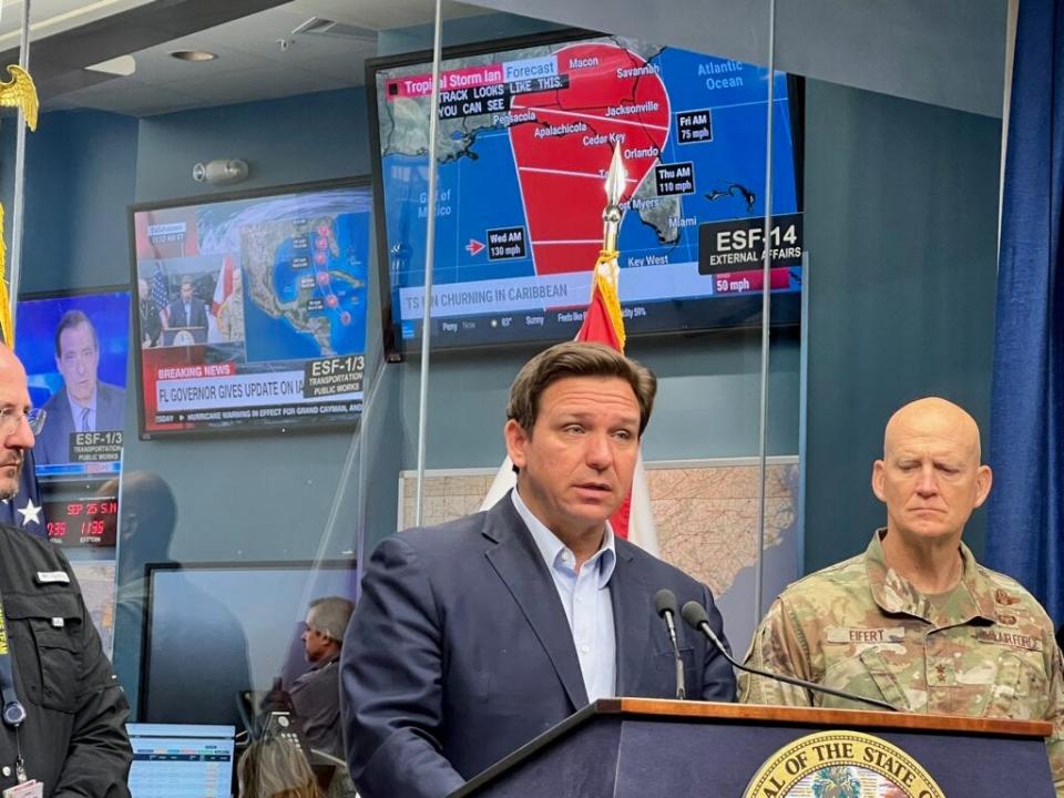 Gov. Ron DeSantis comments on Hurricane Ian in the state's Emergency Operations Center in Tallahassee.