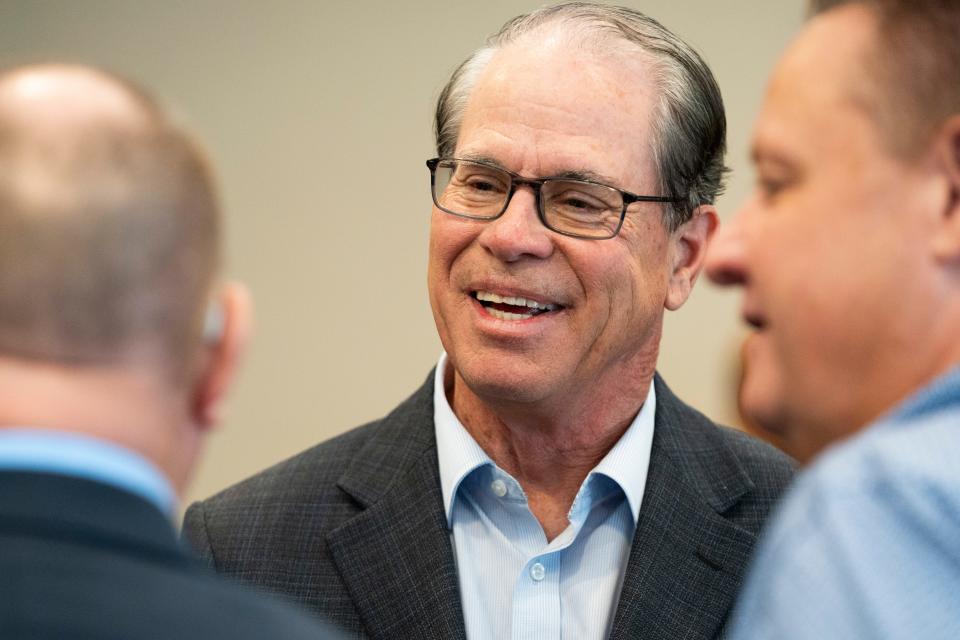 Sen. Mike Braun talks with attendees of the National Federation of Independent Businesses gubernatorial candidate forum and luncheon on Tuesday, March 19, 2024, at the Wellington Fishers Banquet & Conference Center in Fishers, Indiana.