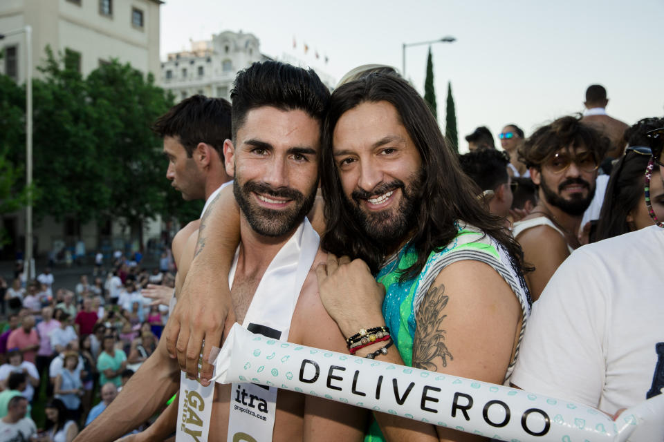 MADRID, SPAIN - JULY 02:  Rafael Amargo (R) is seen during Madrid Gay Pride Parade. Madrid Gay Pride Festival is one of the biggest around the world and this year it is tributing to the victims of Orlando. Madrid Pride parade expects around one million and half revellers on July 2, 2016 in Madrid, Spain.  (Photo by Europa Press/Europa Press via Getty Images)