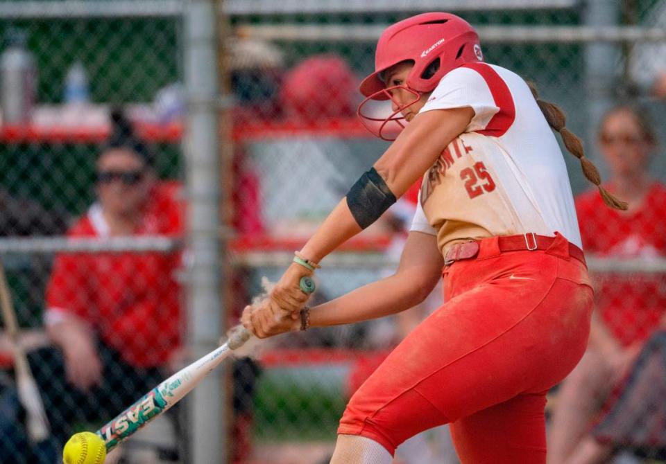 Bellefonte’s Taylor Brown hits a single that scores a run during the game against Montour in the first round of the PIAA class 4A softball playoffs on Monday, June 5, 2023.