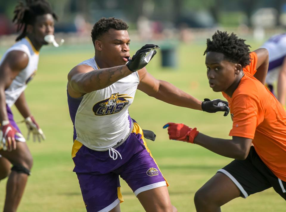 Columbia High School Tigers’ Amare Ferrell plays defense at the Florida High School 7v7 Association state championship in The Villages on Friday, June 24, 2022. [PAUL RYAN / CORRESPONDENT]
