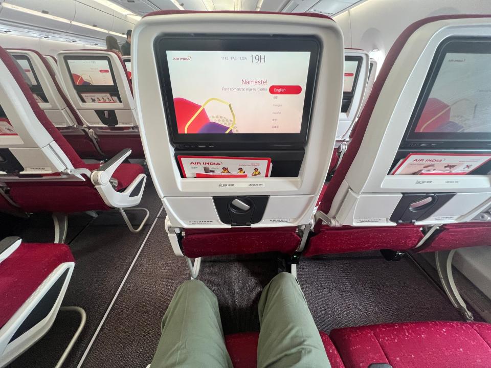 A first-person view of the legroom in economy on an Air India A350 at the Farnborough Airshow.