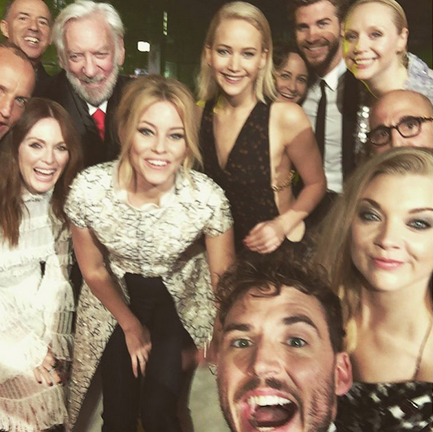 <b>Sam Claflin snaps the selfie of the century on the red carpet at The Hunger Games: Mockingjay Part Two premiere:</b> Seriously, does it get more A-list than this? Deep breath: Woodie Harrelson, Julianne Moore, Donald Sutherland, Elizabeth Banks, Jennifer Lawrence, Liam Hemsworth, Gwendoline Christie, Stanley Tucci, Natalie Dormer and Sam Claflin all piled into this star-studded selfie on the red carpet at the premiere of the last movie in the Hunger Games franchise. This is some serious star power - we're not sure that any film crew could top this selfie!