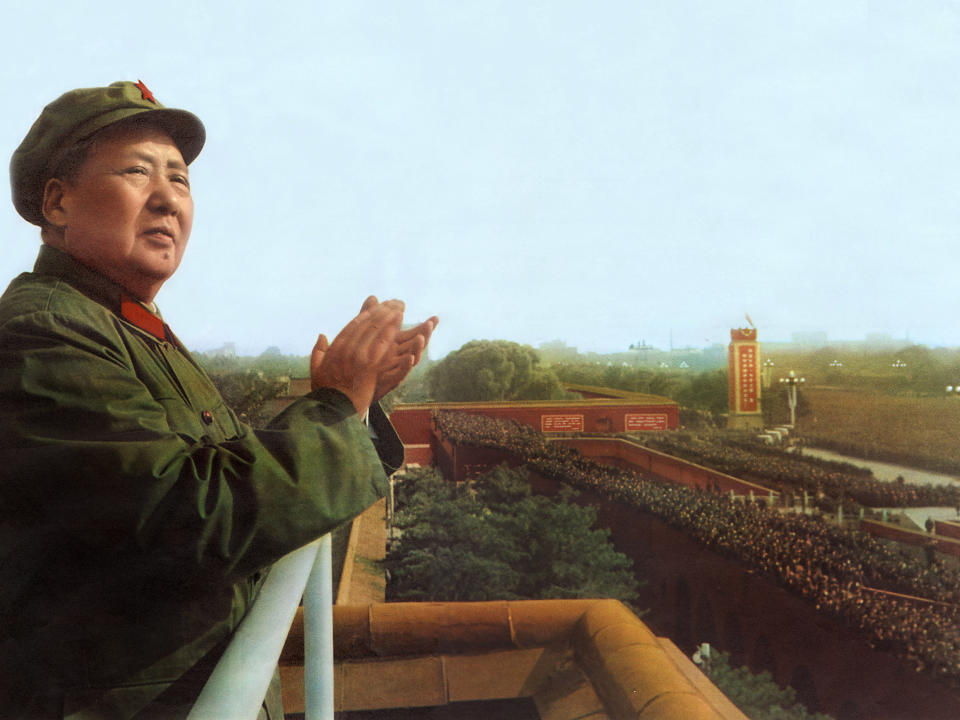 Mao Tse Tsung salutes the army of The Great Proletarian Cultural Revolution in Peking in November 1967: Getty