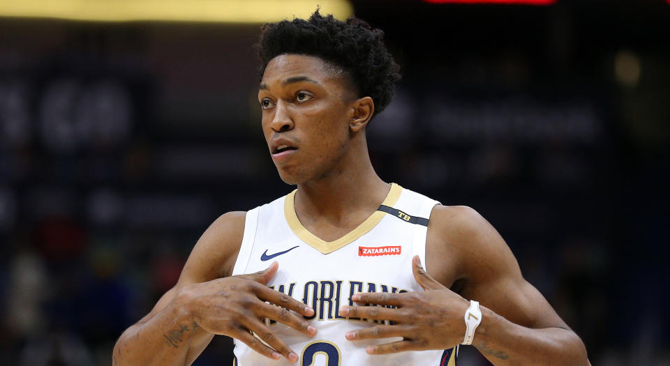 NEW ORLEANS, LOUISIANA - MARCH 26: Stanley Johnson #3 of the New Orleans Pelicans reacts during a game against the Atlanta Hawks at the Smoothie King Center on March 26, 2019 in New Orleans, Louisiana. NOTE TO USER: User expressly acknowledges and agrees that, by downloading and or using this photograph, User is consenting to the terms and conditions of the Getty Images License Agreement. (Photo by Jonathan Bachman/Getty Images)