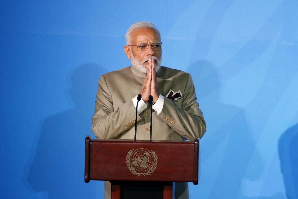 India's Prime Minister Narendra Modi addresses the Climate Action Summit in the United Nations General Assembly, at U.N. headquarters, Monday, Sept. 23, 2019. (AP Photo/Jason DeCrow)