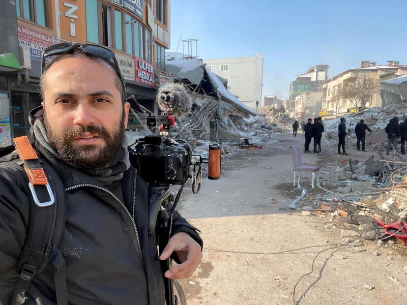 FILE PHOTO: Reuters' journalist Issam Abdallah takes a selfie picture while working in Maras, Turkey,