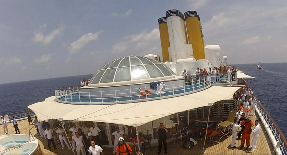 In this photo taken Tuesday, Feb. 28, 2012 by Zil Air and released by the Seychelles Office of the President, the Costa Allegra cruise ship is seen at sea near the Seychelles. Disabled by an engine fire, the cruise ship is being towed and should reach land Thursday, according to a spokesman for Costa Cruises. (AP Photo/Zil Air via Seychelles Office of the President)