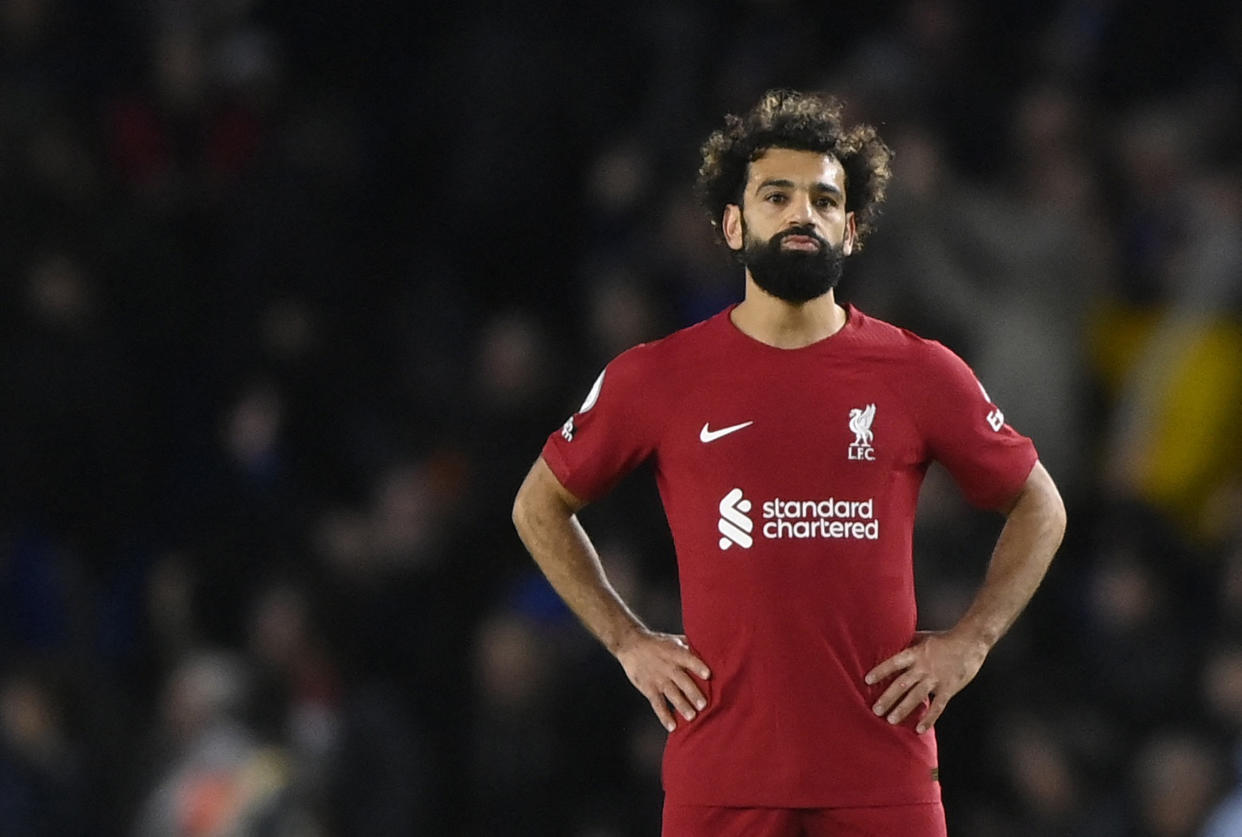 Liverpool star Mohamed Salah looks on despondently during the Reds' defeat by Brighton.