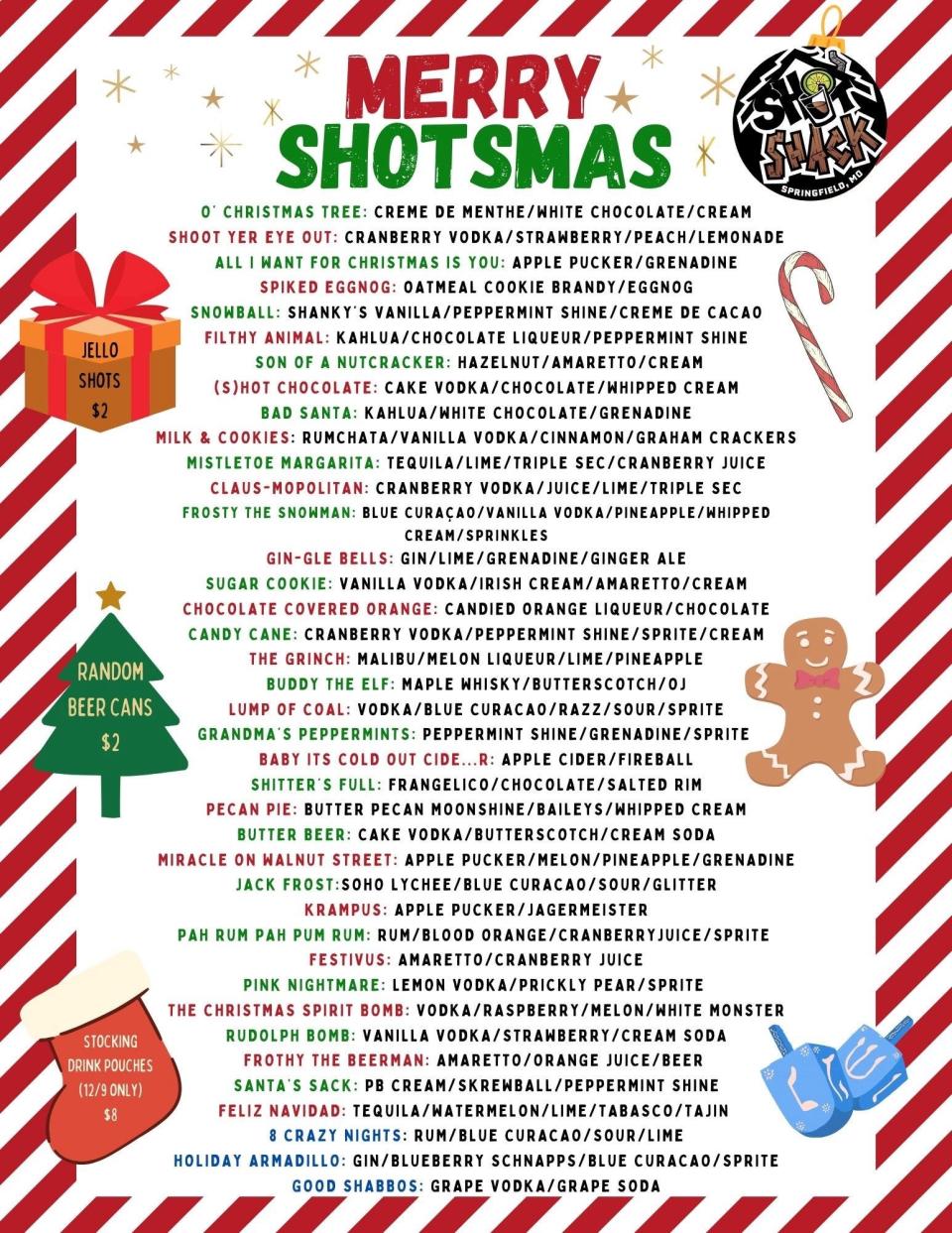 Shot Shack's 2023 Merry Shotsmas menu features more than 35 unique shot combinations.
