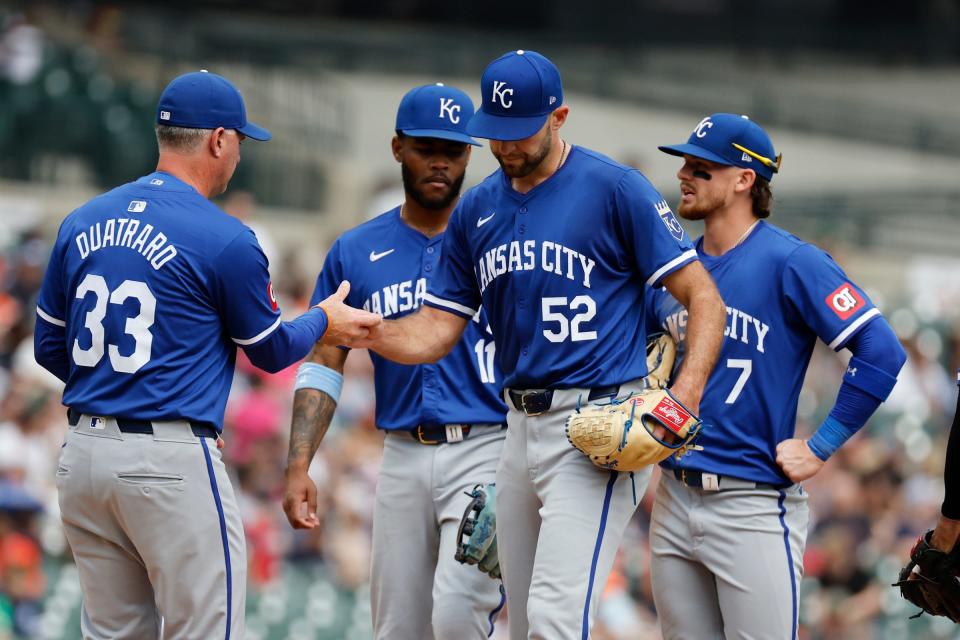 Royals manager Matt Quatraro relieves pitcher Michael Wacha against the Tigers on April 28 in Detroit.