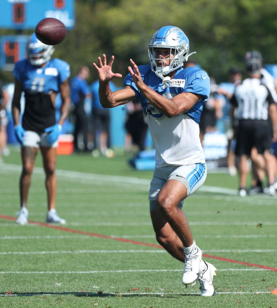 Lions wide receiver Dylan Drummond catches a pass during the Lions' joint practice with the Jaguars on Wednesday, Aug. 16, 2023, in Allen Park.