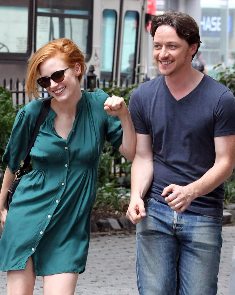 Jessica Chastain and James McAvoy are seen on set of thier upcoming film "The Disappearance of Eleanor Rigby" on July 30, 2012.