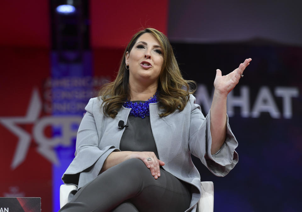 FILE: NATIONAL HARBOR, MD - FEBRUARY 28: Ronna McDaniel, Chair of the Republican National Committee speaks during a session at CPAC 2019 on February 28, 2019 in National Harbor, Md.  / Credit: Ricky Carioti/The Washington Post via Getty Images