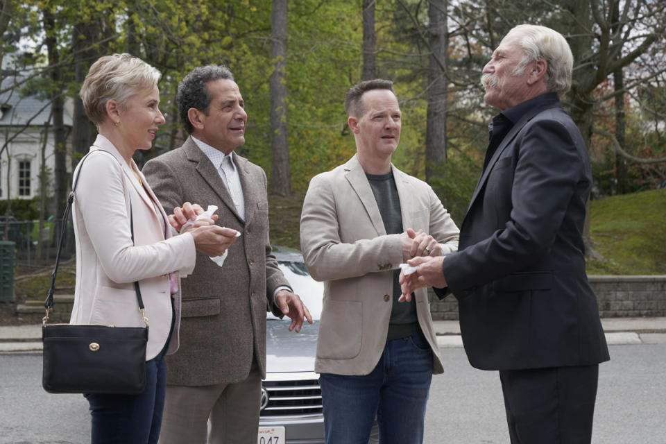 (l-r) Traylor Howard as Natalie Teeger, Tony Shalhoub as Adrian Monk, Jason Gray-Stanford as Randy Disher, Ted Levine as Leland Stottlemeyer; (Photo by: Steve Wilkie/Peacock)