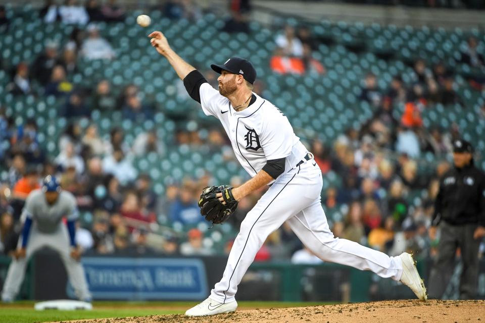 Drew Hutchison of the Detroit Tigers delivers a pitch against the Kansas City Royals during the top of the fifth inning at Comerica Park on Sept. 25, 2021 in Detroit.