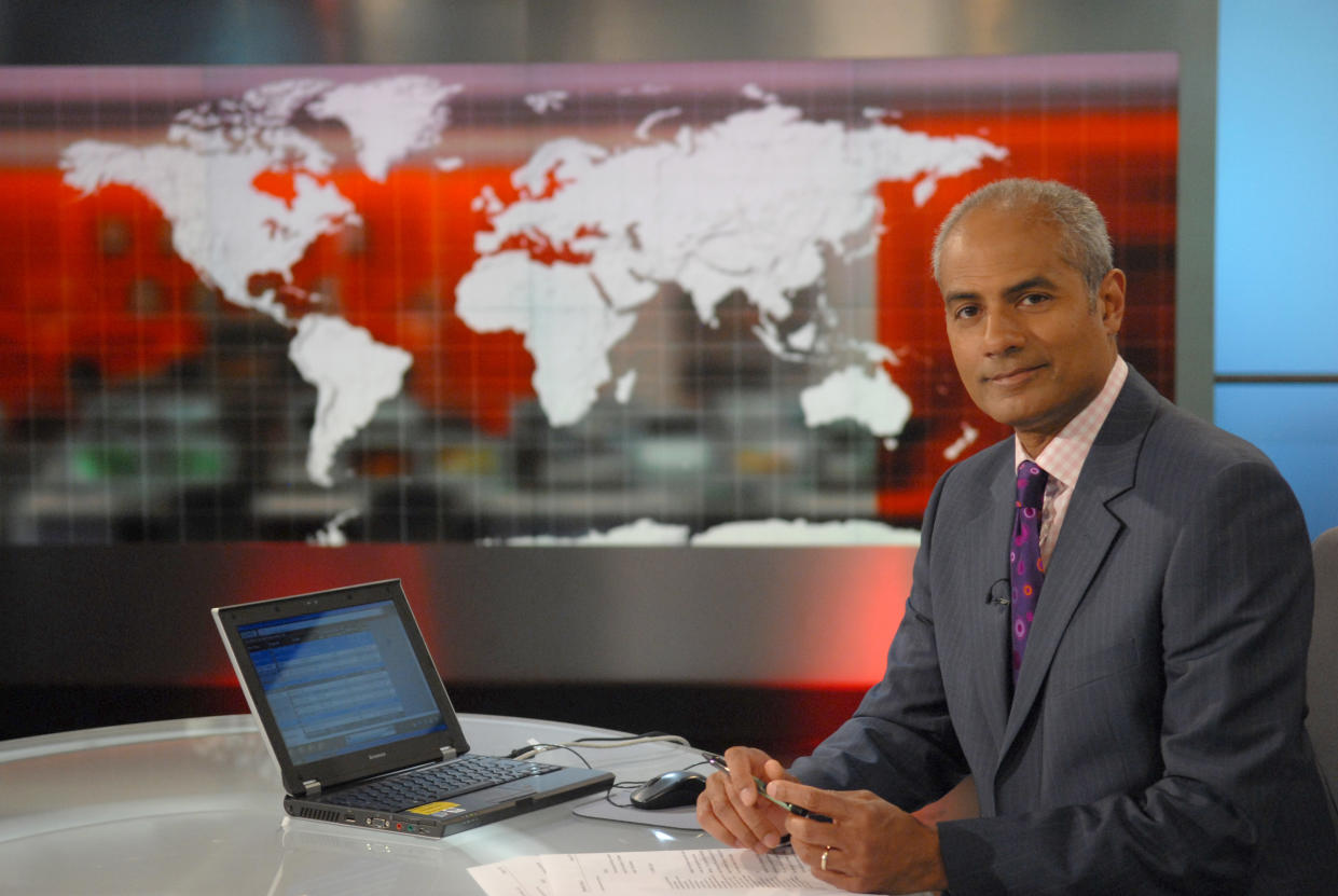 Presenter and newsreader George Alagiah in the BBC World News studio, 01/07/2008 (Photo by Jeff Overs/BBC News & Current Affairs via Getty Images)