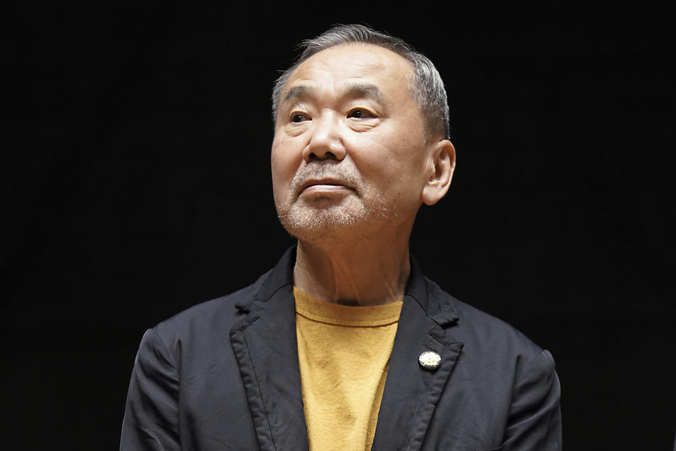 Japanese novelist Haruki Murakami poses for media during a press conference on the university's new international house of literature as known as The Haruki Murakami Library at the Waseda University Wednesday, Sept. 22, 2021, in Tokyo. (AP Photo/Eugene Hoshiko)