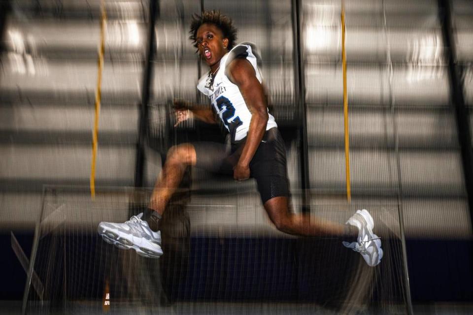 North Crowley High School junior quarterback Chris Jimerson Jr. is photographed at the indoor football facility in North Crowley on Wednesday, Jan. 11, 2023. Jimserson has verbally committed to play at TCU after graduating from high school.