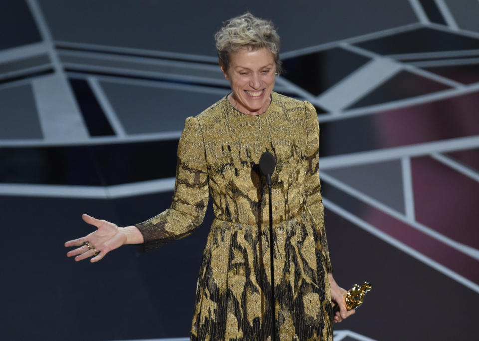 Frances McDormand accepts the Best Actress Oscar last year for "Three Billboards Outside Ebbing, Missouri." (Photo: Chris Pizzello/Invision/AP)