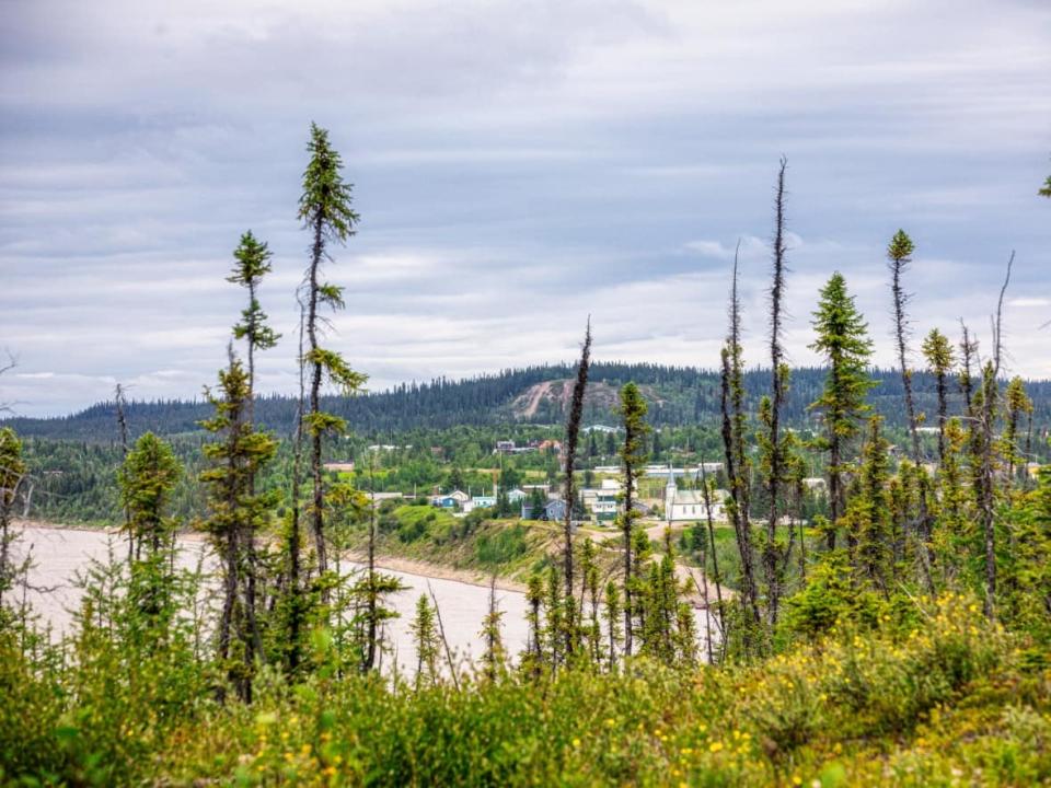 Fort Good Hope, N.W.T., viewed through the trees in July 2020. (Julien Schroder - image credit)