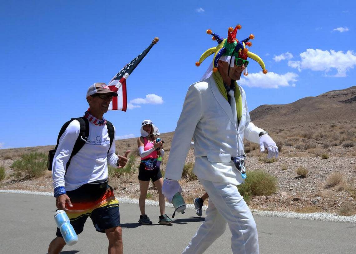 Ed ‘The Jester’ Ettinghausen of Murrieta, California approaches Towne Pass at 8 a.m. on July 20, 2021. The 58-year-old motivational speaker finished the Badwater 135 for the 10th time. His time was 38 hours, 45 minutes, 16 seconds.