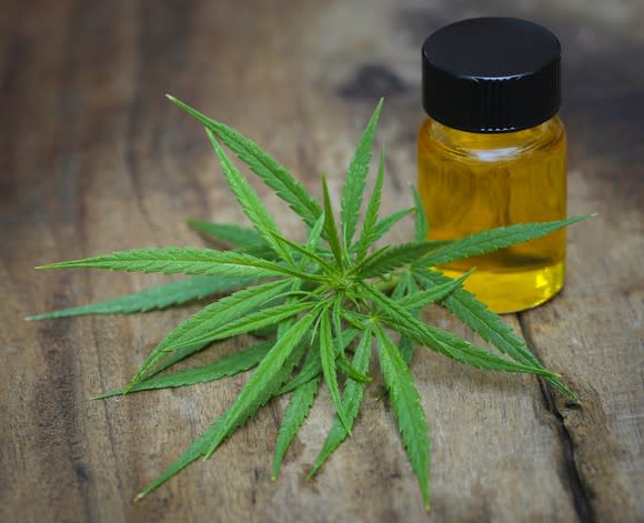 A vial of cannabis oil next to a cannabis leaf on a table.