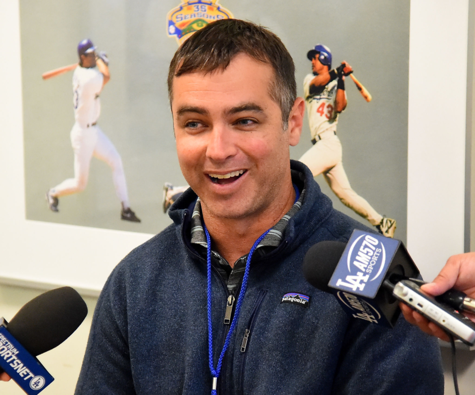 Billy Gasparino, Dodgers vice president of amateur scouting, speaks to reporters in June 2017.