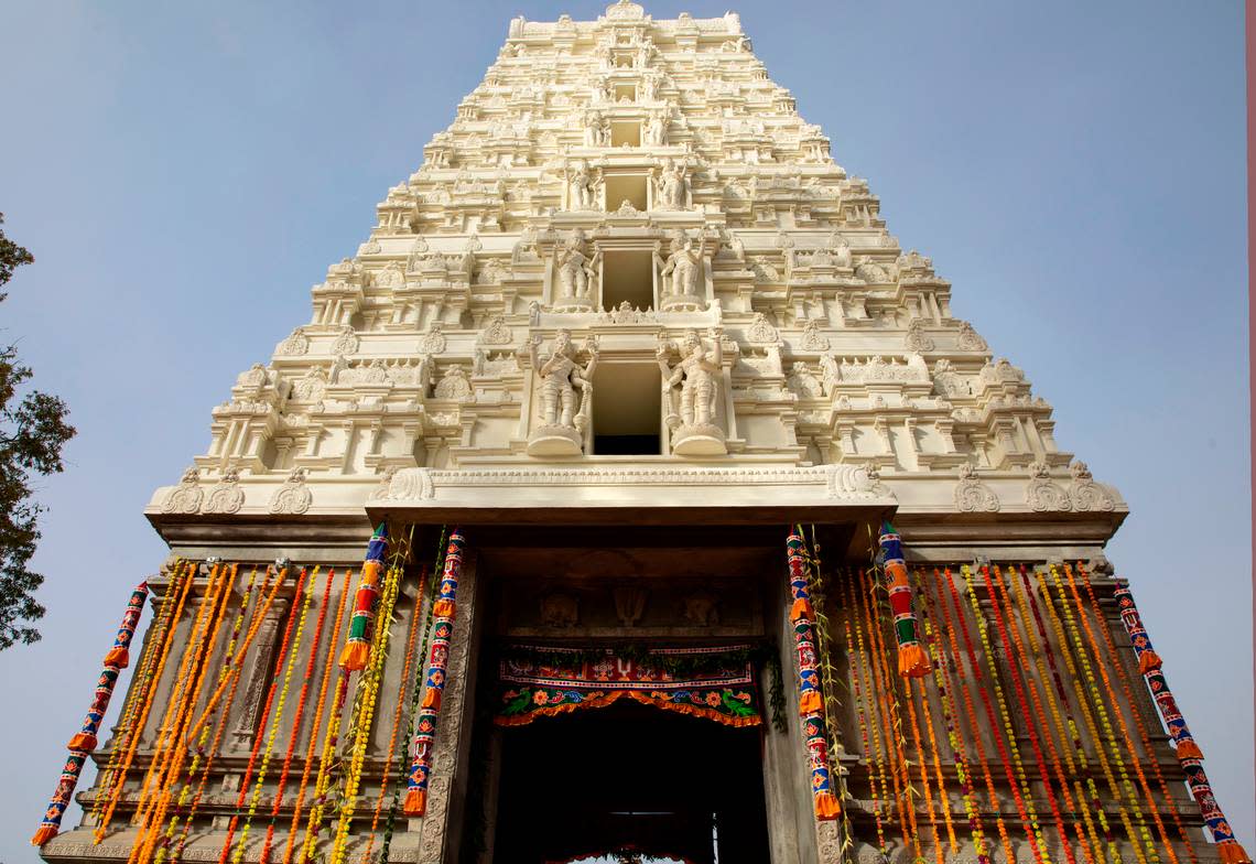 The new 87-foot Tower of Unity and Prosperity was officially unveiled Monday, Oct. 24, 2022 at the Sri Venkateswara Temple of North Carolina in Cary.