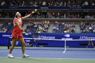 Ons Jabeur, of Tunisia, serves to Caroline Garcia, of France, during the semifinals of the U.S. Open tennis championships on Thursday, Sept. 8, 2022, in New York.AP Photo/Charles Krupa)