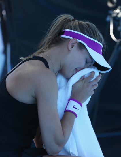 Bouchard  is dejected after she was defeated by Alizé Cornet in Hobart Saturday. (Photo by Robert Cianflone/Getty Images)