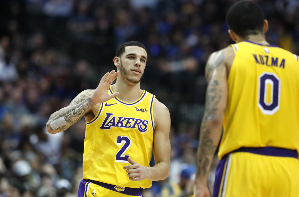 Los Angeles Lakers guard Lonzo Ball (2) after scoring during the second half of an NBA basketball against the Dallas Mavericks game in Dallas, Monday, Jan. 7, 2019. (AP Photo/LM Otero)