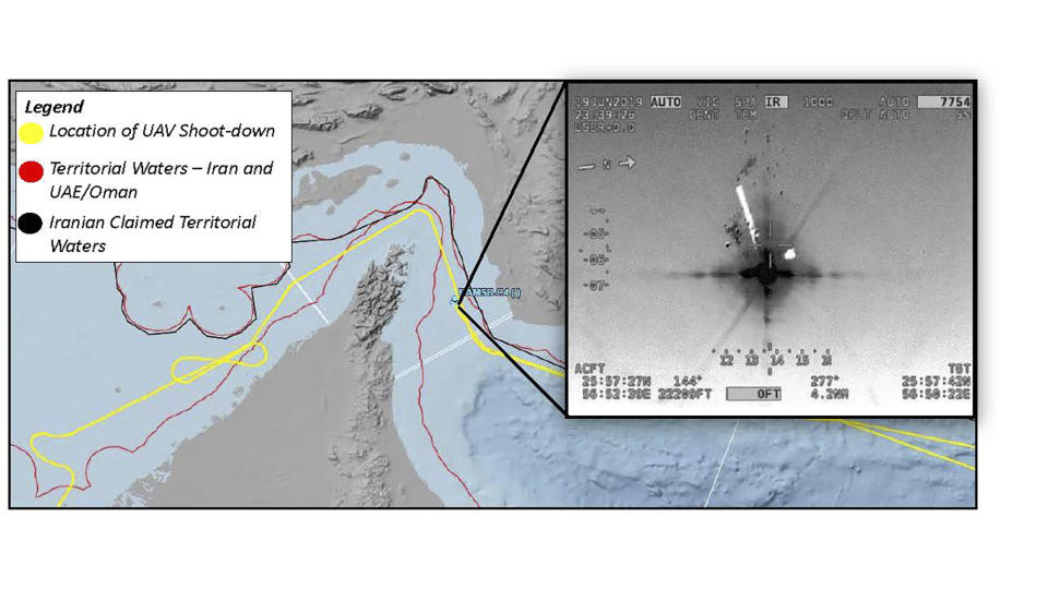 This image released Friday, June 21, 2019 by the U.S. military's Central Command shows what it describes as the flight path and the site where Iran shot down a U.S. Navy RQ-4A Global Hawk in the Strait of Hormuz on Thursday, June 20, 2019. Iran says it shot down the drone over Iranian territorial waters. Iran's Revolutionary Guard shot down the drone amid heightened tensions between Tehran and Washington over its collapsing nuclear deal with world powers. (U.S. Central Command via AP)