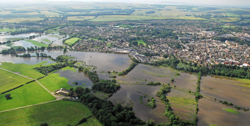 An aerial view of flooding that hit Dorchester, Dorset.