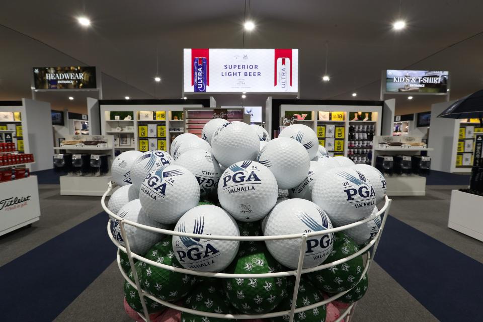 Branded merchandise available inside the new PGA Shops at the Valhalla Golf Club in Louisville, Ky. on May. 8, 2024.