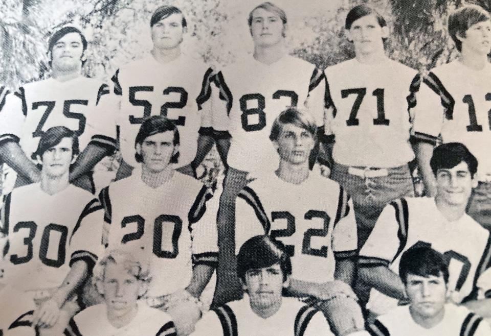 1972 Cardinal Mooney football players (middle row, l-r): Elmo Fernandez (30), Con Nicholas (20), Steve Knopik (22) and Tony Ierulli.