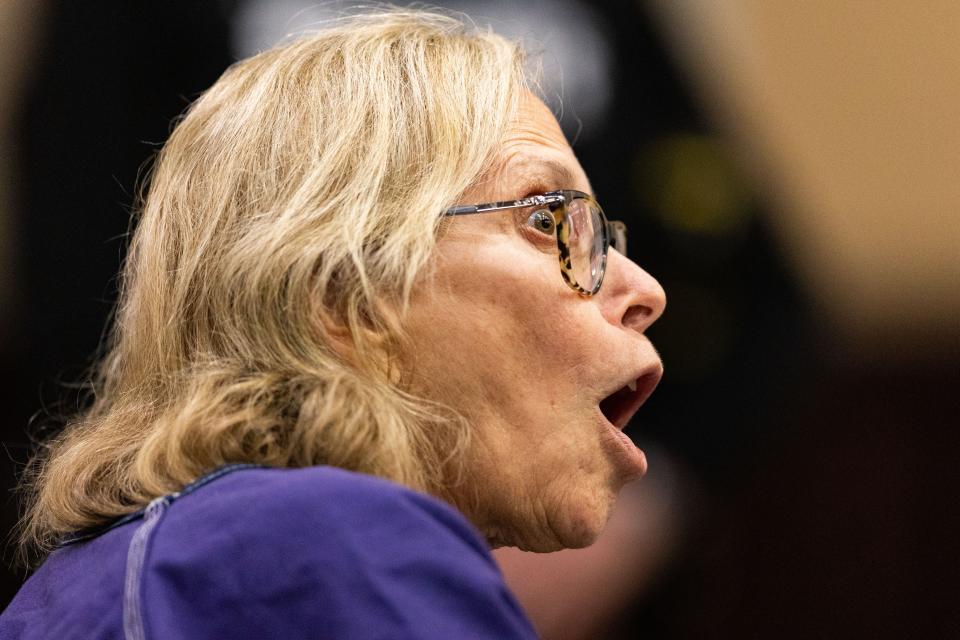 Donna Adelson reacts to a statement made in the courtroom during a hearing for a motion filed by her defense attorney Monday, Dec. 11, 2023.