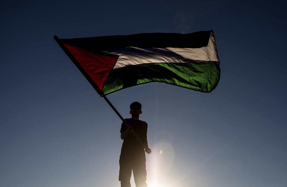 Un participante de una marcha de la Asociación Cultural Palestina de Canadá en apoyo a los palestinos ondea una bandera, el domingo 8 de octubre de 2023, en Edmonton, Alberta, Canadá. (Jason Franson/The Canadian Press via AP, Archivo)