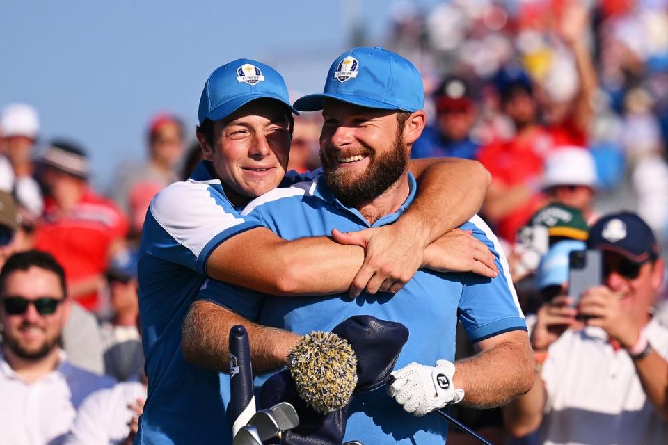 Viktor Hovland and Tyrrell Hatton celebrate (Getty)