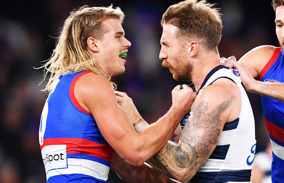 Bailey Smith and Zach Tuohy, pictured here scuffling during Geelong's win over Western Bulldogs.