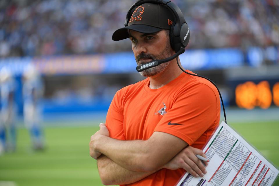 Cleveland Browns head coach Kevin Stefanski watches from the sideline during the second half of an NFL football game against the Los Angeles Chargers Sunday, Oct. 10, 2021, in Inglewood, Calif. (AP Photo/Kevork Djansezian)